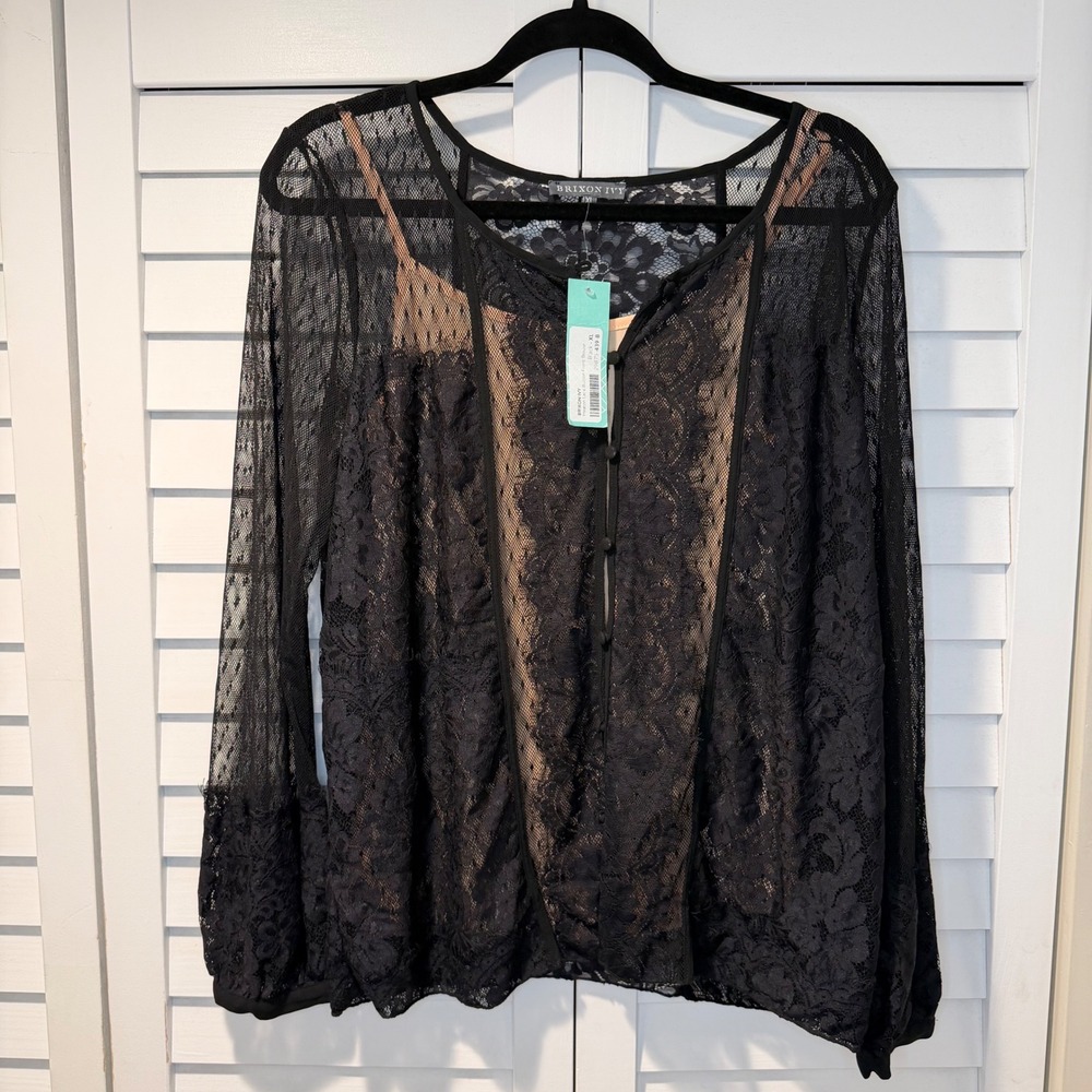 Brixon‎ Ivy Heaton Lace Button Front Blouse Black XL Sheer Bell Sleeve NWT